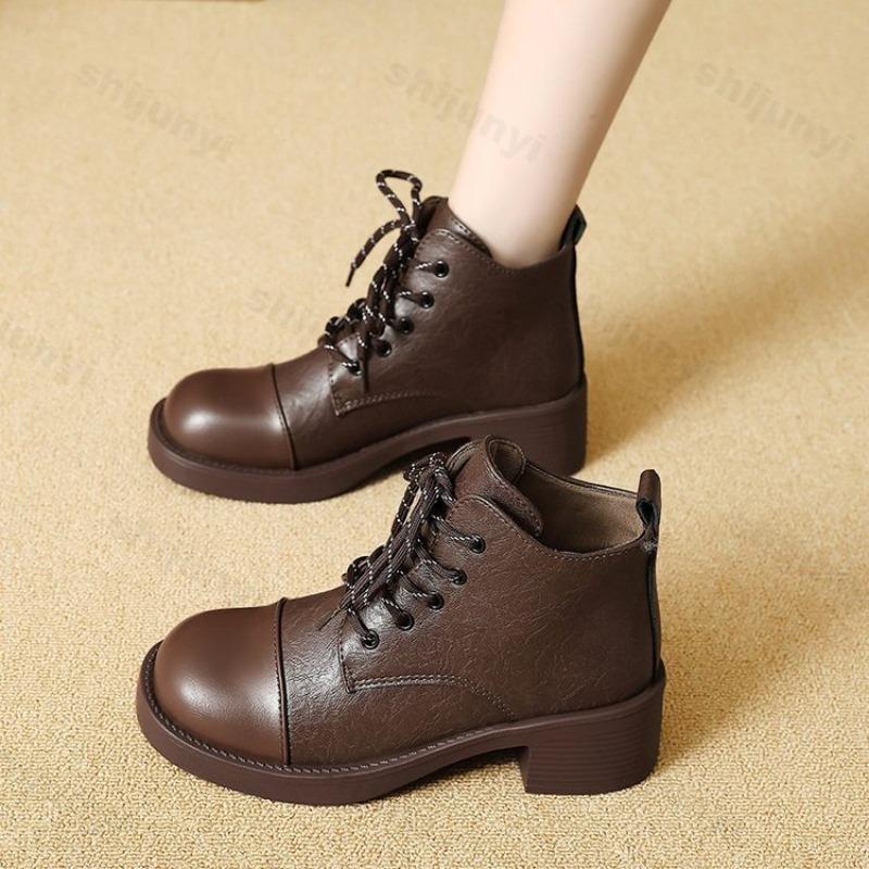Fashion Women Short Boots 2025 Autumn Winter New Fashion Lace Up Vintage Middle Heel Shoes Outdoor Non Slip Height Increase Ankle Boots