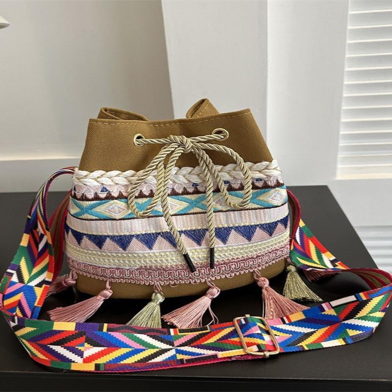 Bohemian Drawstring Bucket Bag Ethnic Embroidery Tassel Decor Cute Boho Handbag for Boho Lovers Vacation Daily Use