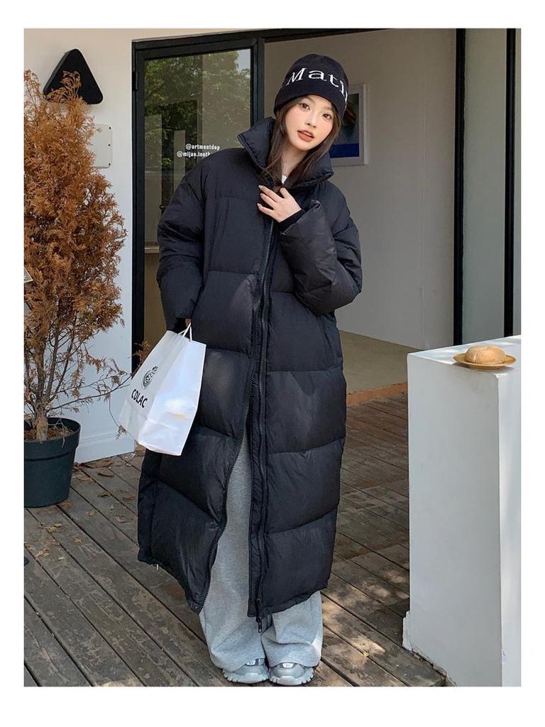 Women's Thick Padded Over-the-Knee Cotton Coat with Stand-Up Collar, Loose Fit, Plus Size, Long-Length Warm Outerwear.