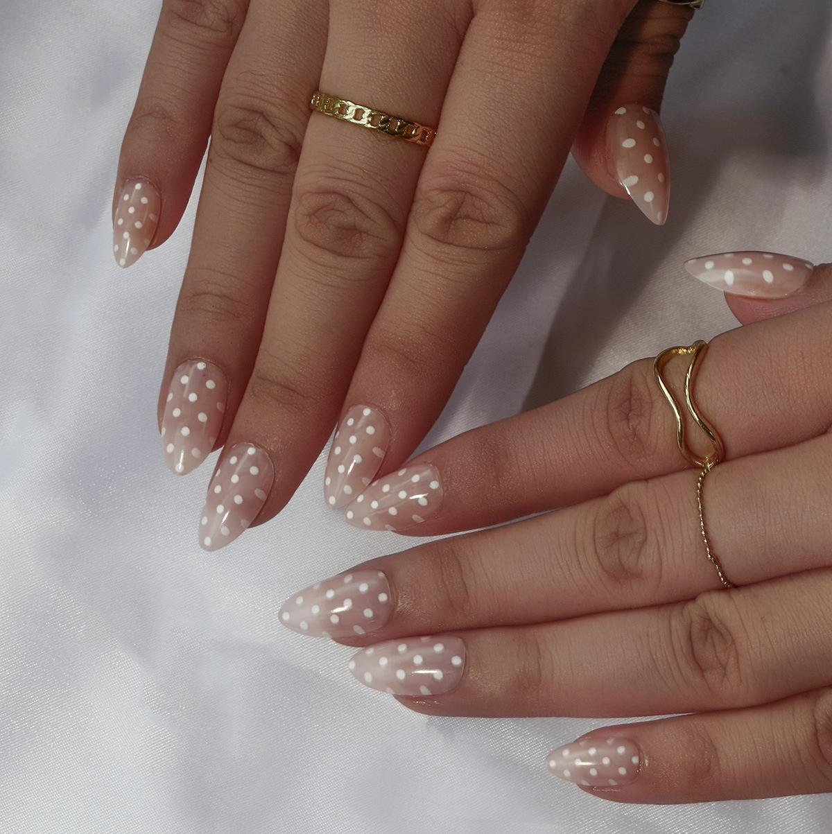 24-Piece Set: White Polka Dot Press-On Nails, Short Almond Shape, Trendy and Wearable.