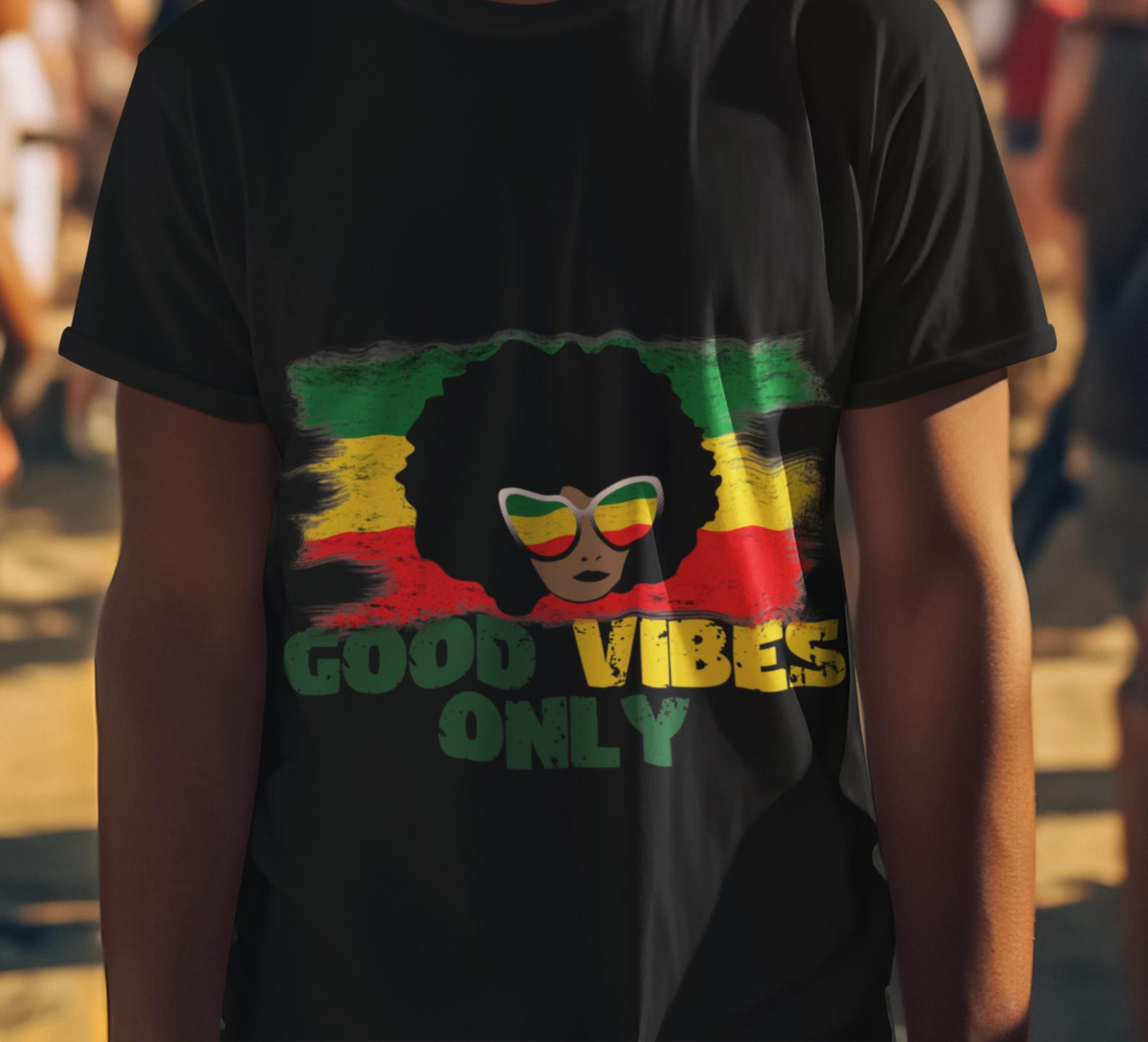 Afro Lady T-Shirt: Rasta Colors, Good Vibes Only 2XL