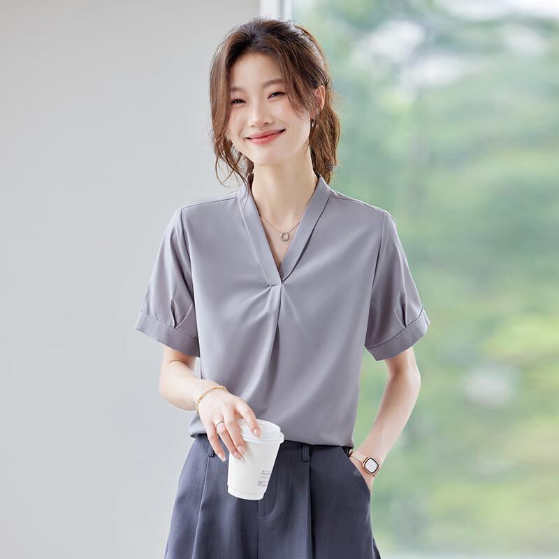 Tluoman Women s V-Neck Short Sleeve Commuter Blouse M