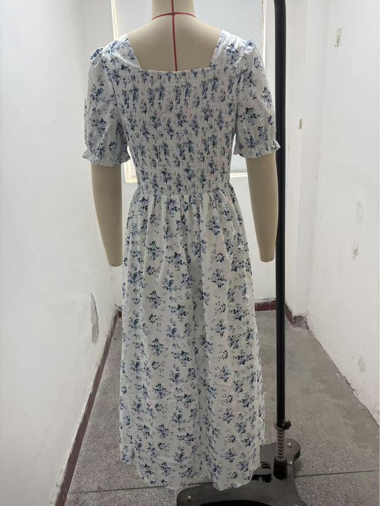 2026 Women's Summer Floral Print Puff Sleeve Square Neck Dress - French Style Holiday Tea Party Skirt