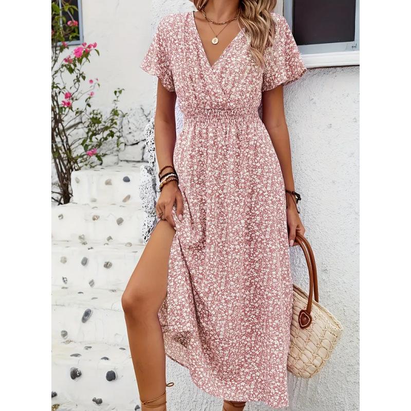 European and American summer new women's sexy skirt V-neck elastic waist short-sleeved dress women