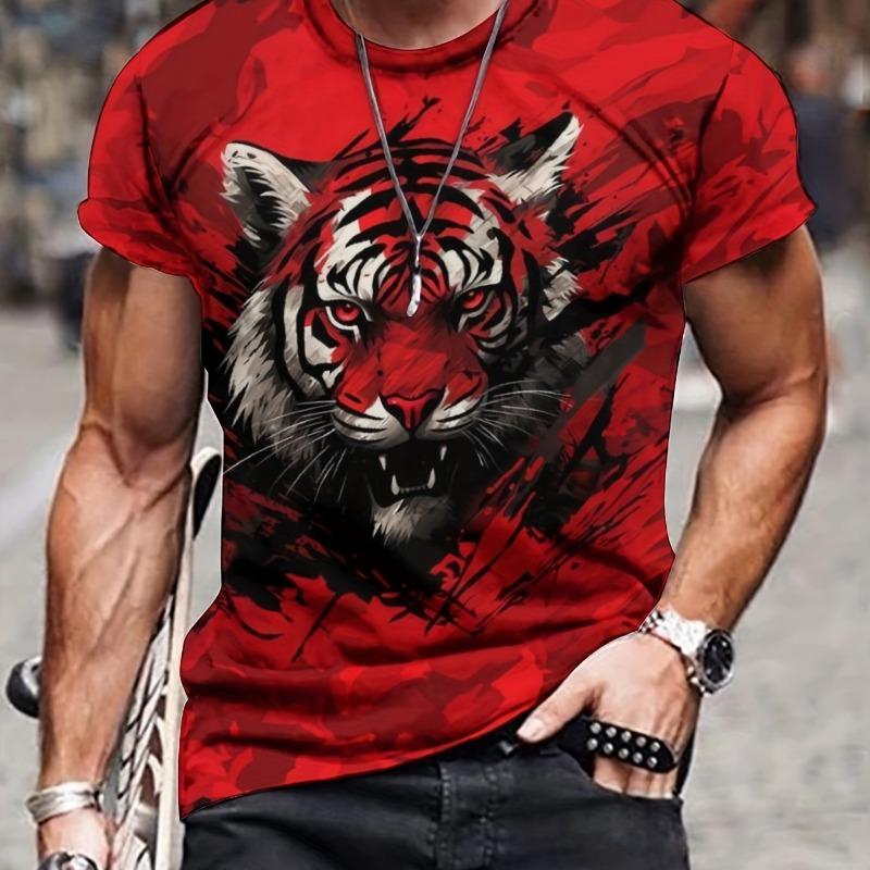 Summer men's 3D lion and tiger pattern T-shirt, casual micro elastic breathable T-shirt, suitable for outdoor jogging wear