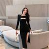 French Sexy Long-sleeved Hip Skirt Women's Spring and Autumn New Waist Sweet Temperament Hollow Split Design Dress