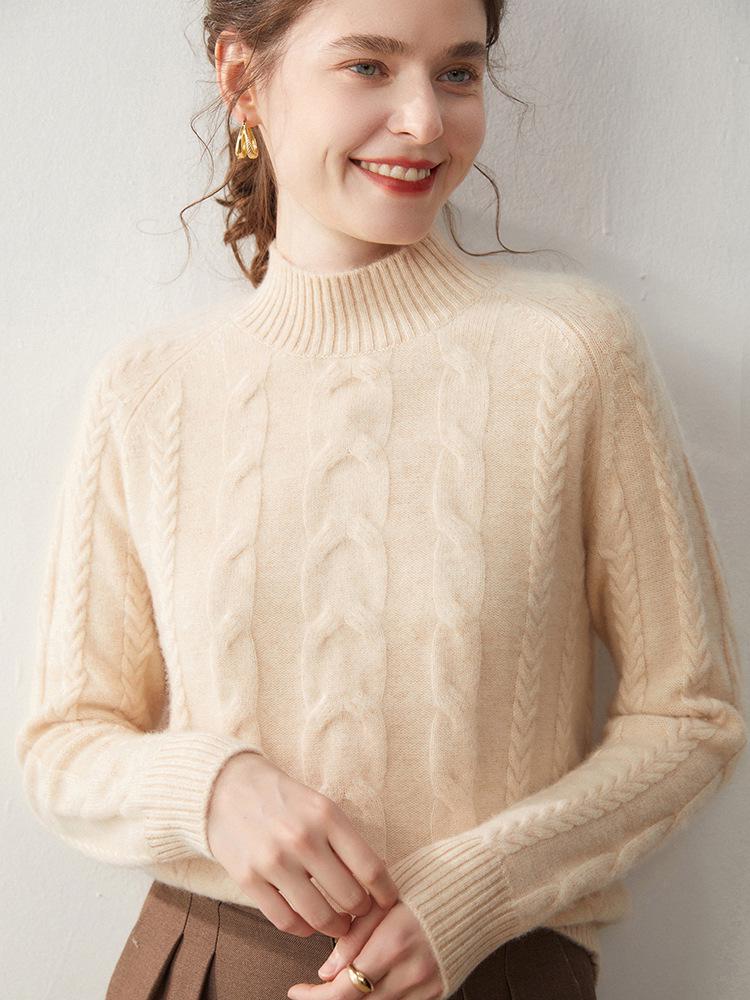 Cashmere Cable Knit Raglan Sweater - Half-High Neck, Loose Fit