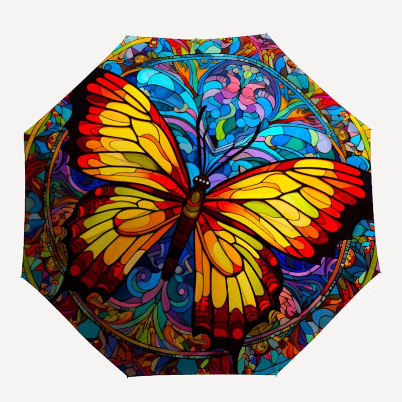 

1pc Butterfly StainedGlass Automatic Open/close Umbrella, 8-Rib sturdy structure, Auto Folding/Opening, Portable Travel Umbrella for Women, Parties022