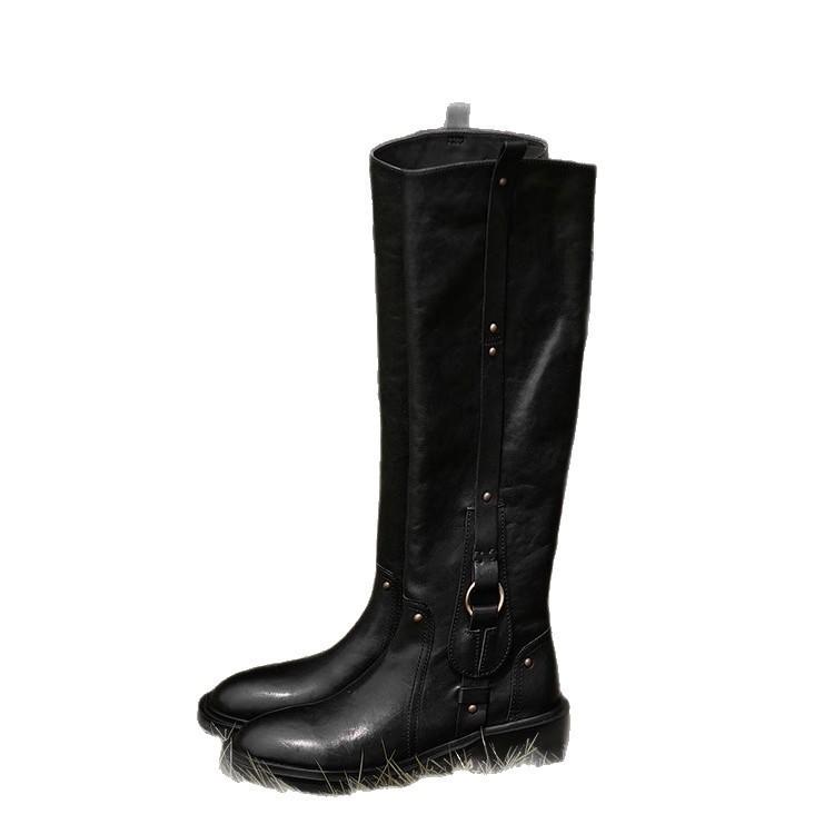 

Cowhide version~ Heroic but knee high boots women s knight boots round head thick heel 2025 autumn and winter Martin boots 35