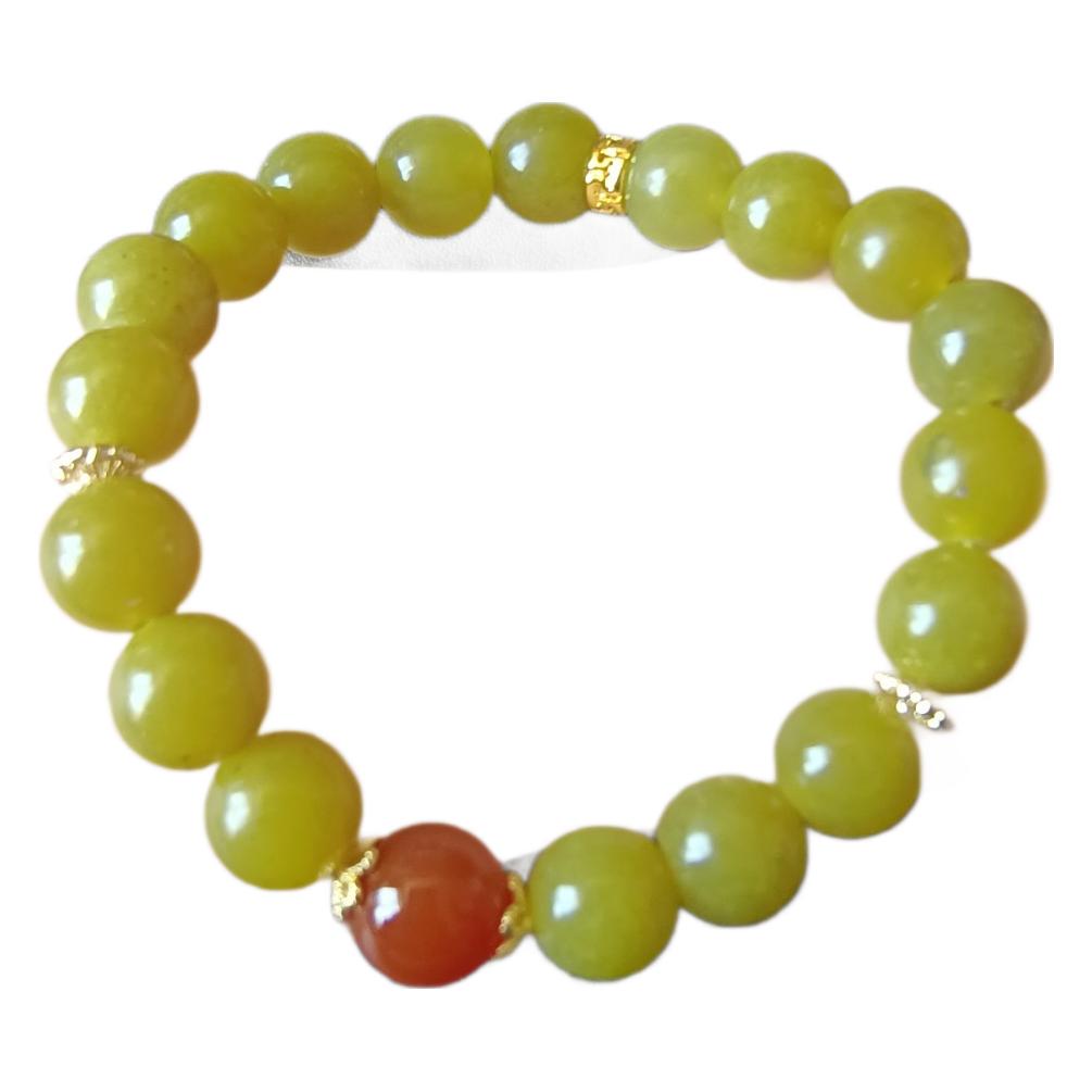 Natural Xiuyu Yellow Jade 10mm Bead Necklace & Avocado Green with Red Agate Bracelet Set