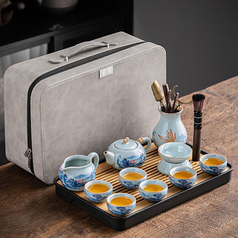 Lainuo Ru Kiln Celadon Auspicious Tea Ceremony Set with 6 Cups and Tea Tray