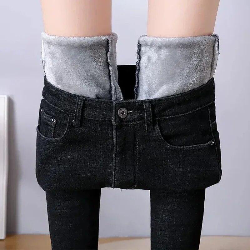 Kadınlar İçin Moda Kışlık Denim Kot Pantolon Kadife Kalınlaştırılmış Ofis Hanımı Yüksek Bel Dar Kesim Kalem Pantolon Günlük Düz Sıcak Pantolon 30097