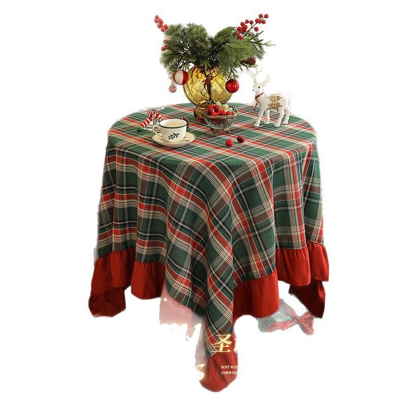 Christmas Green Plaid Ruffled Tablecloth Table Runner Decorative Cloth Home Party