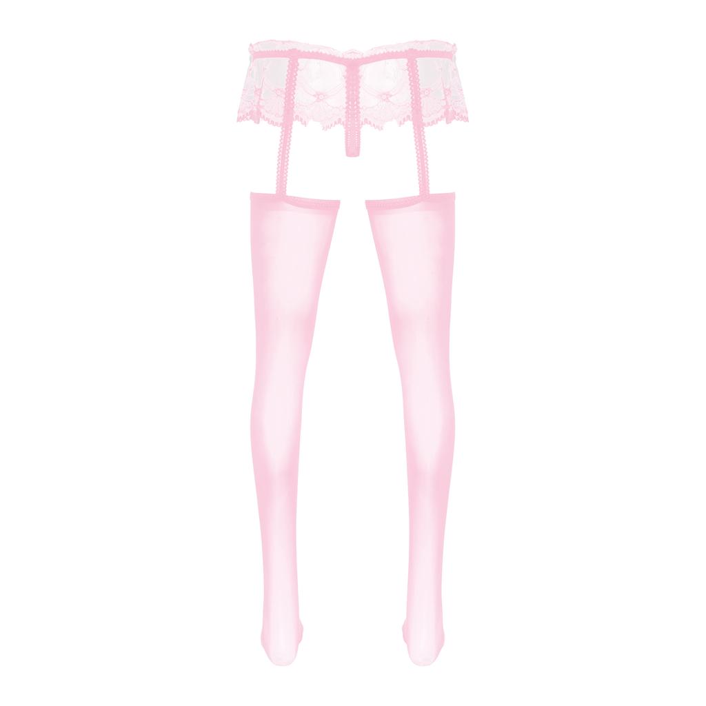 Pánské průsvitné krajkové kalhotky se sukýnkou, vykrojené, s vypouklou kapsou, G-string s lesklými podvazky