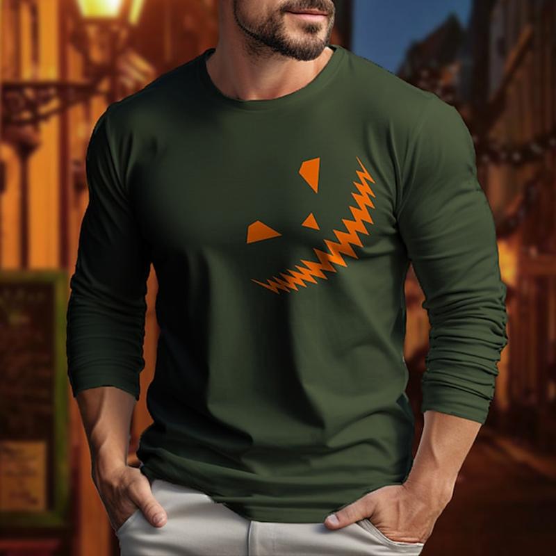 Men's Casual Autumn Breathable Long Sleeve Crewneck Printed Evil Smiley Face Pattern Clothing Y2K Top Men's Long Sleeve