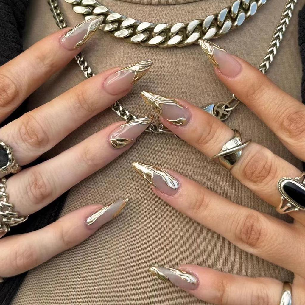 24PCS Simple French Almond Press On Nails with Glue Metallic Silver Pattern Fake Nails Artificial Detachable False Nail Tips Art