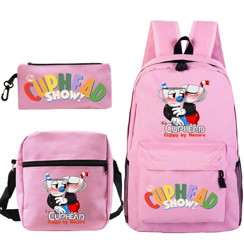 Cartoon Teacup Head Cuphead Student School Bag Backpack Three-piece Set Children's Shoulder Bag Pencil Bag