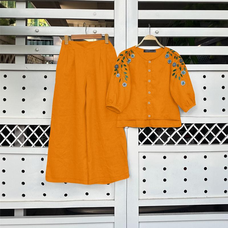 ZANZEA Women 3/4 Sleeve Print Blouse and Pants Casual Two Piece Suit Sets