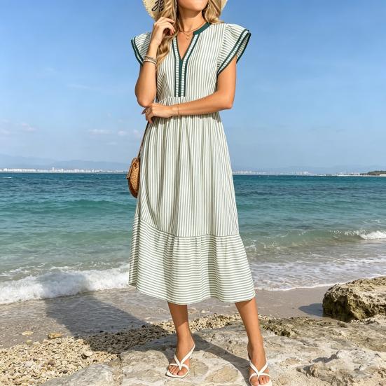 Abito Midi a Strisce da Donna Manica a Sbuffo a Cappuccio Scollo a V Svasato Lungo Abito Estivo per Vacanze al Mare Abito a Sbuffo Fluttuante