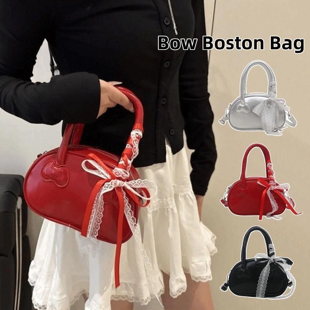 Pu Leather Lace Ribbons Boston Bag Korean Commute Handbag Niche Bow Crossbody Bag Purse
