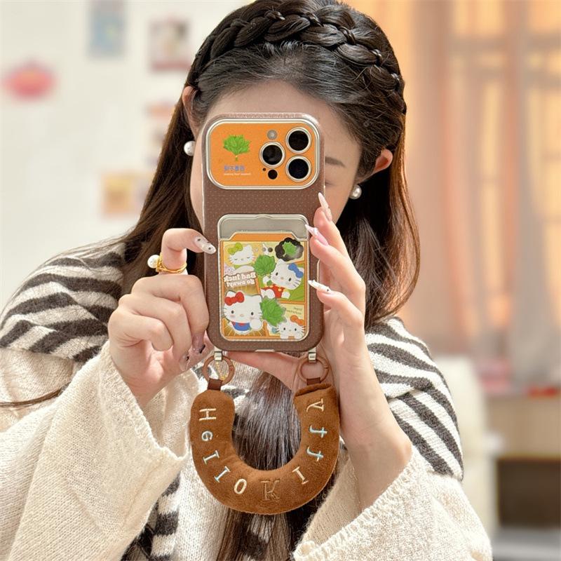 Yuzu Leaf Cat Card Holder: Brown Base for iPhone 17/16 Pro Max/15/14