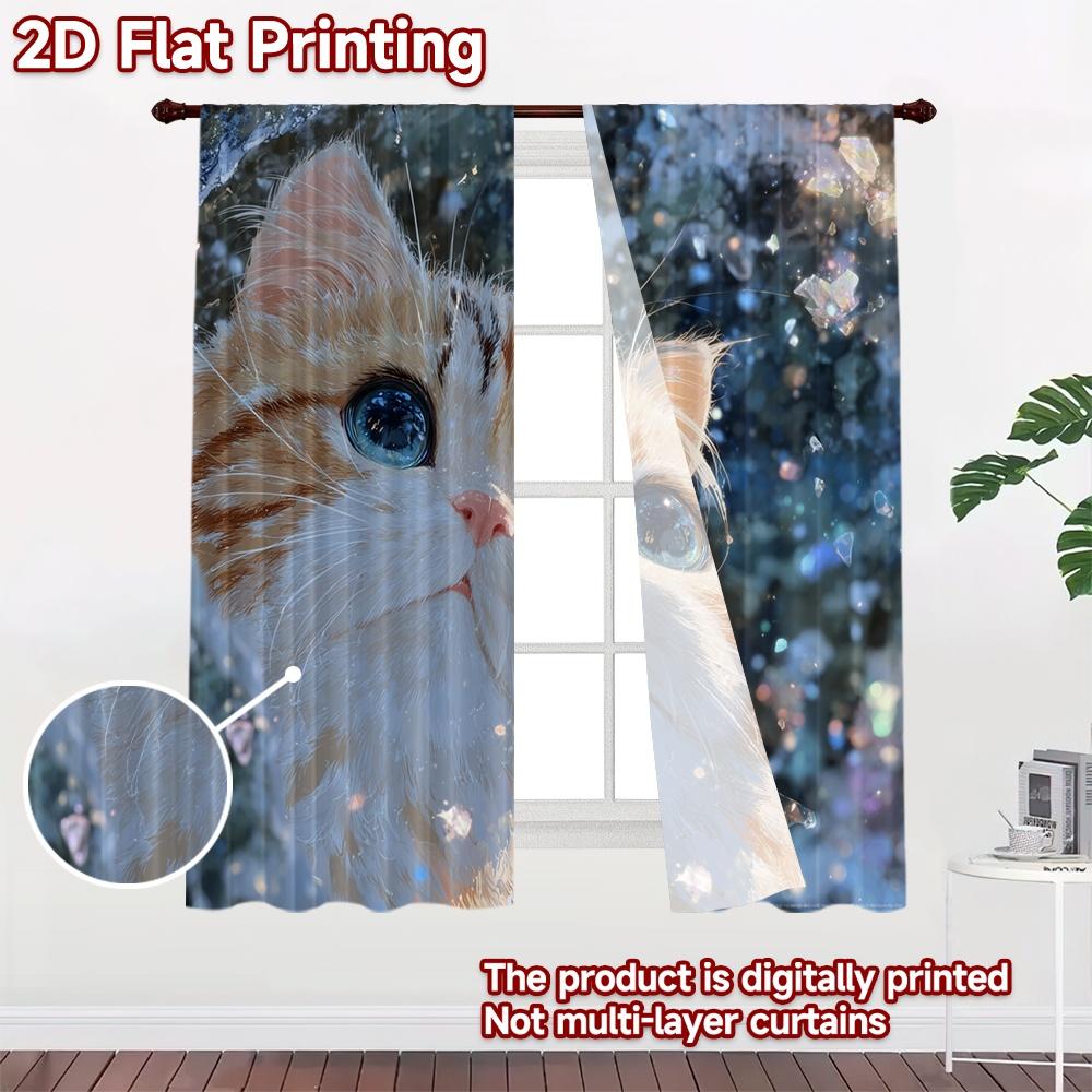 2D Flat Printing  2pcs Cute Kitten with Sparkles Chic Curtains&Drapes 100% Polyester Curtains Outdoor Decorations Use for