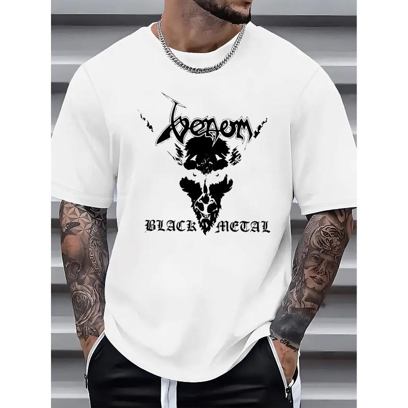 

European sizes Men s Edgy Metal Skull Print T-Shirt - Gothic Heavy-Duty Short Sleeve Round Neck Top | Machine-Washable Summer Casual Wear 4XL