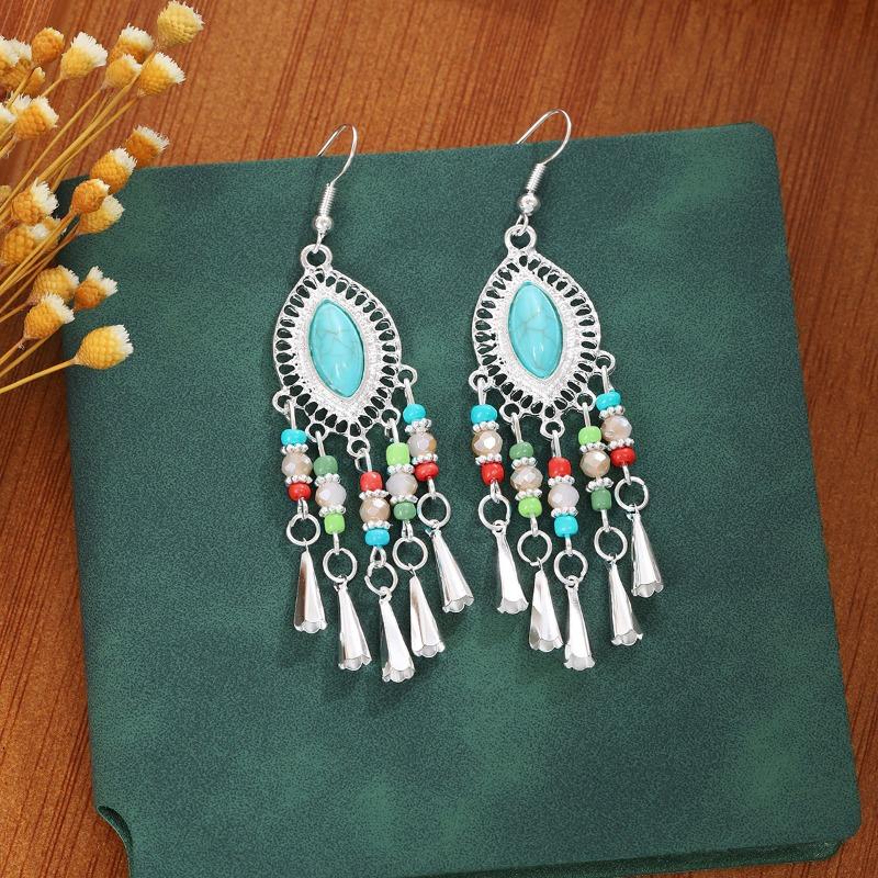 Bohemian Geometric Beaded Earrings, Long Fringed Earrings for Retro Tourist Attractions