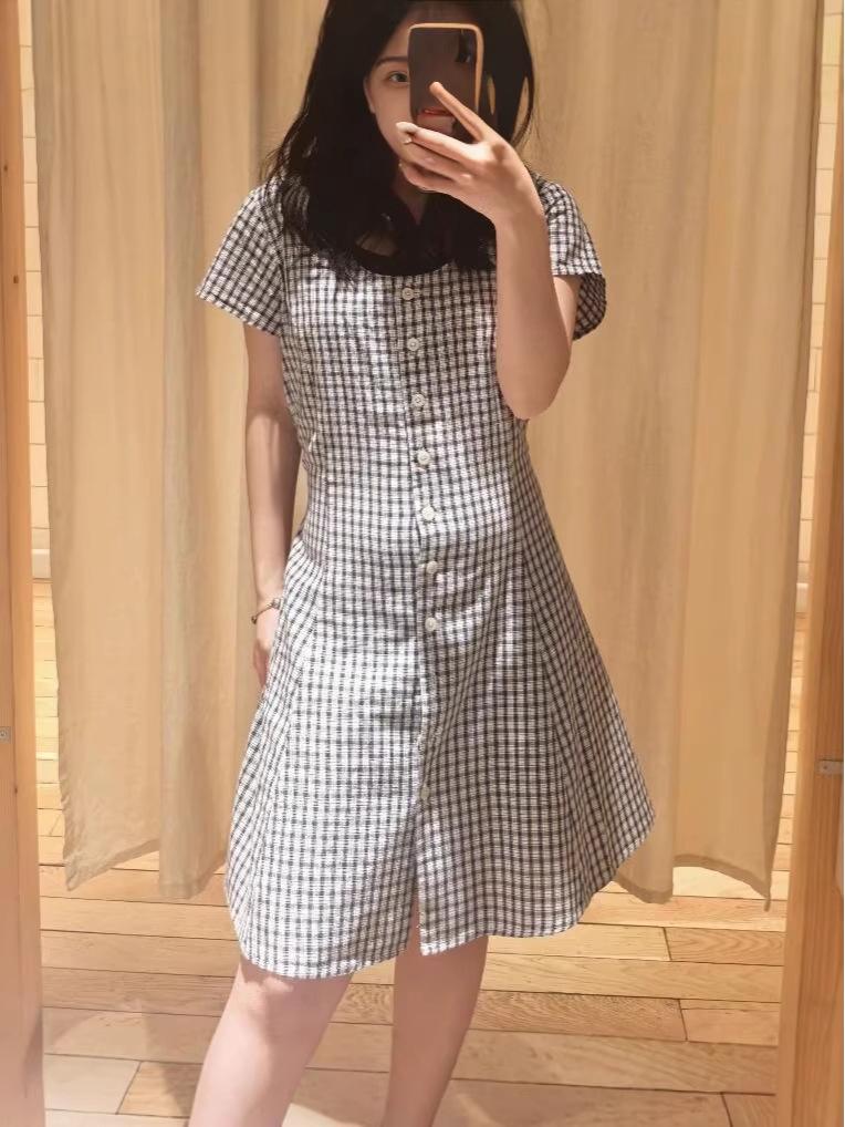 Women s Retro Plaid Round Neck Waist-Cinched A-Line Cardigan Dress One Size