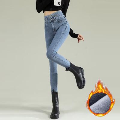 Høst Vinter Tykke trange jeans for kvinner Uformell Elastiske denimbukser med høy midje Mote Varme klær Dame Plus Size