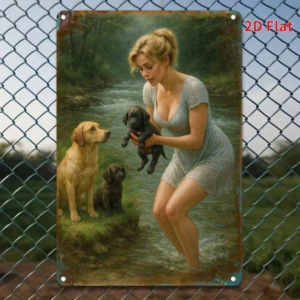 

Vintage Woman with Dog by River Metal Poster, Retro Wall Art for Home