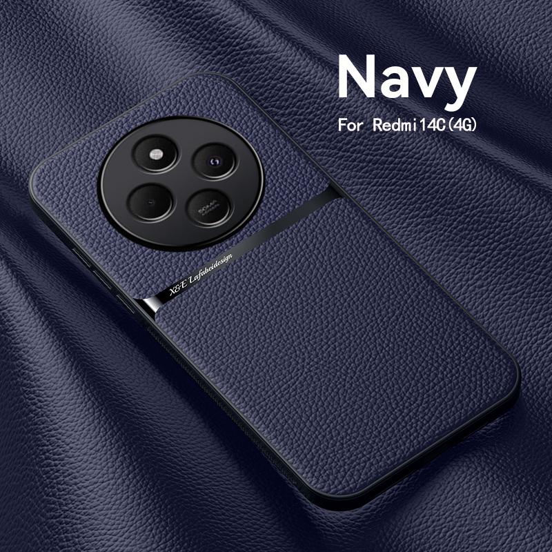 For Redmi 14C Leather Texture Built-in Magnetic TPU Soft Edge Anti-drop Anti-fingerprint Phone Case