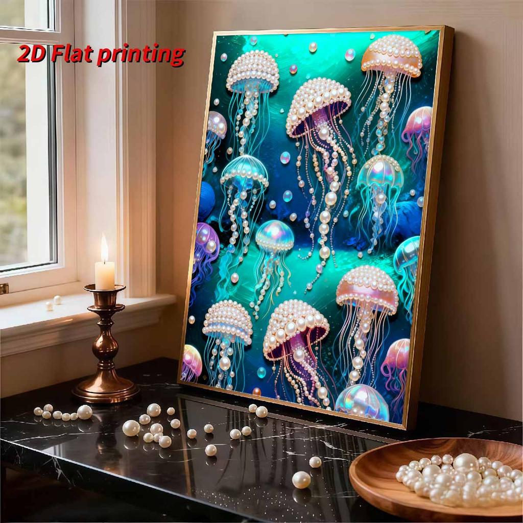 5D DIY Frameless Pearl Painting Jellyfish Pattern Painting Kit, Suitable for Home Living Room Bedroom and Other Wall Decoration Art Paintings