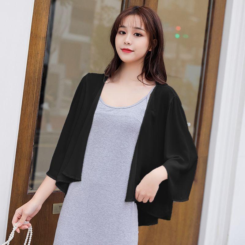 WTEMPO Women Chiffon Shirt 3/4 Sleeve Tie Front V-Neck Lightweight Sun Protection Shirt Casual Summer Beach Cover Up