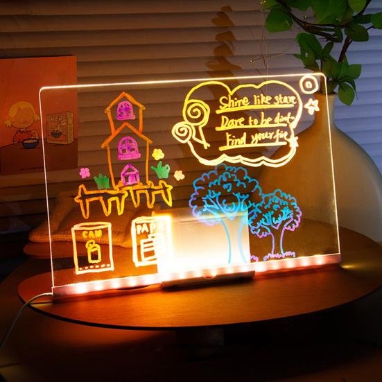 LED Acrylic Dry-Erase Board with 7 Pens Stand Reusable Kids Adults Students Glowing Light-up Clear Acrylic Memo Note Message Writing Board for Office