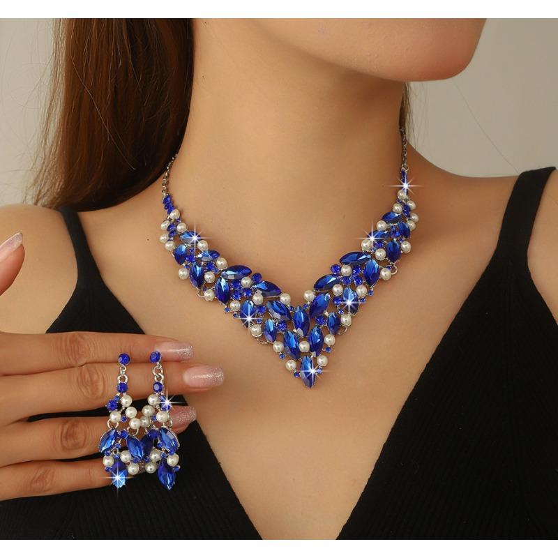 Bow Rhinestone Fringed Necklace Earrings Women's Two-piece Set, Wedding Temperament Noble and Elegant Collarbone