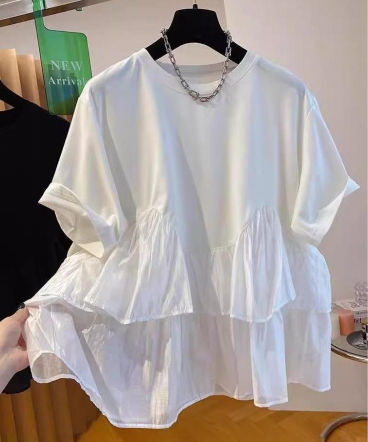 Women's Summer Loose Short Sleeve T-Shirt Patchwork Irregular Doll Collar Tops Oversize Casual Shirt for Women