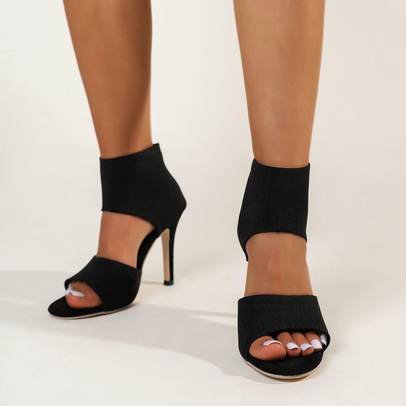 Knit Stiletto Sandals Women's Summer New Round Toe Open Toe Mesh Breathable Non-Slip Bag Heel Pump Shoes