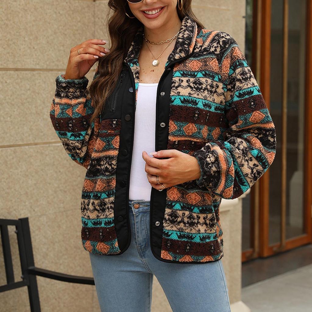 Women's Fashion Casual Temperament Bump Color Printed Plush Long Sleeve Coat