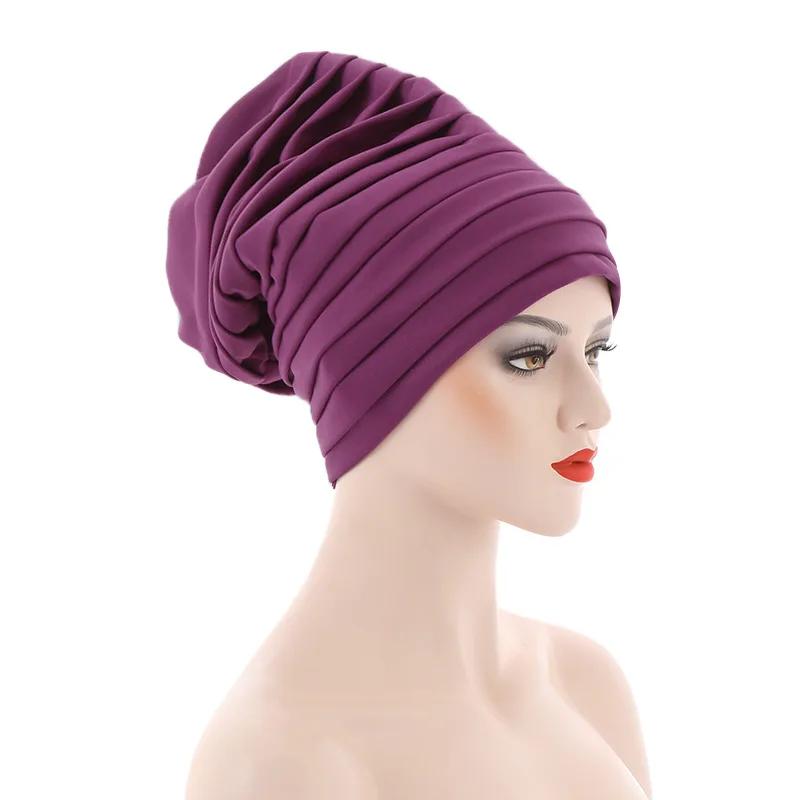 New Candy Color Head Wraps Muslim Hijab Bonnets Fashion Headwear Pleated Turban Cap for Women African Auto Geles Aso Oke Headtie
