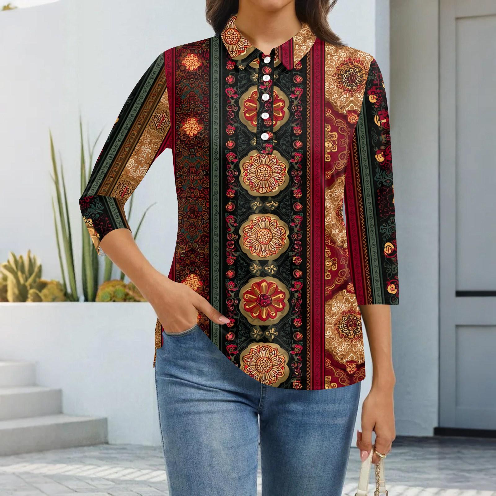 

Women s Fashion Casual Lapel Short 3/4 Sleeve Print Shirt Women s Button Up Tops XL красный