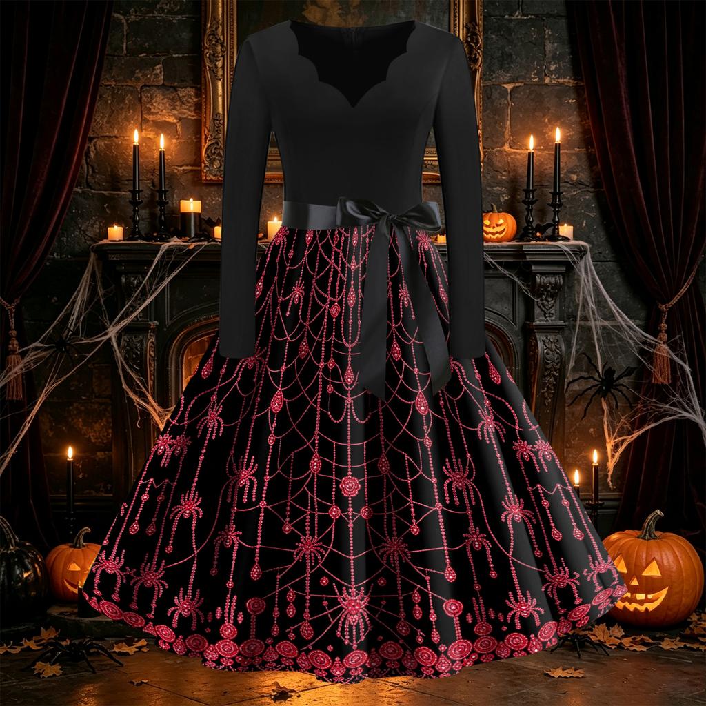 Women's Vintage Flare Dress Long Sleeve V-Neck with Halloween Print for Party and Daily Wear