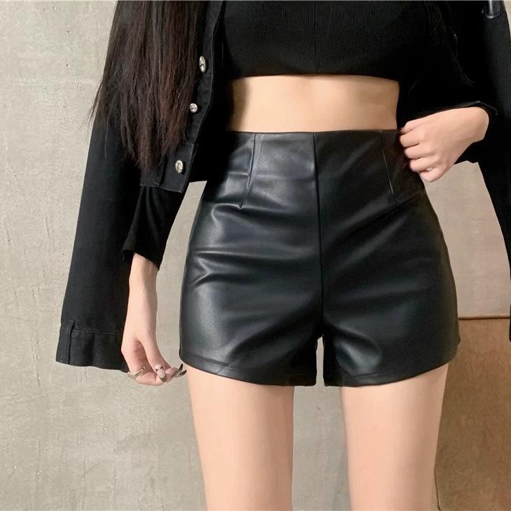 Kleine PU-Lederhose Damen Hottie Leggings Shorts Herbst und Winter Neue Kleidung Schwarz Hochtailliert A-Linie Leggings