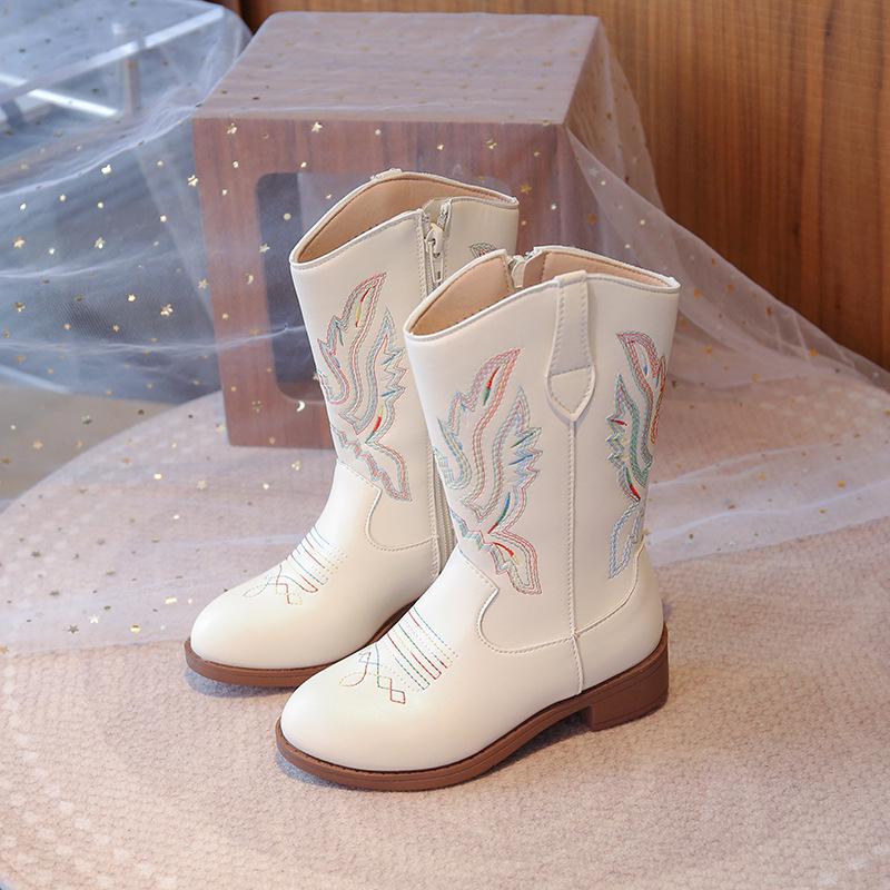 Girls' Embroidered Western Mongolian High-Top Leather Boots - Autumn/Winter 2026, Plus Velvet, Princess Performance Footwear