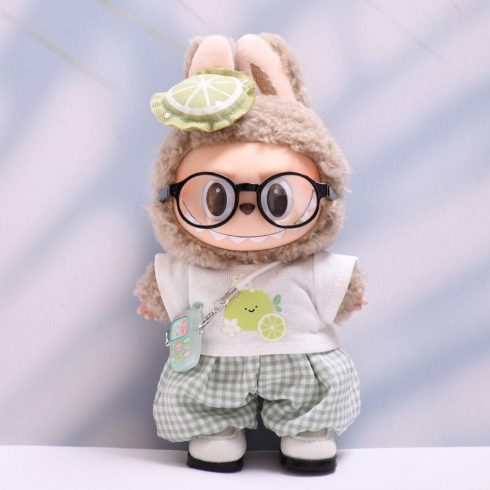 Orange Sitting Labubu Time Cloth Plaid Pants 17cm Plush Dolls Clothes  Kids Girls Toys
