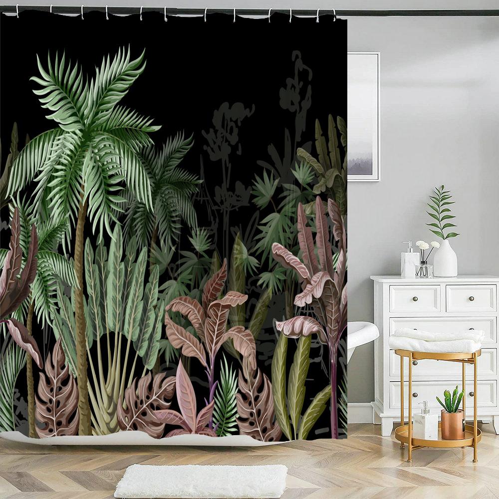 Black and Gold Tropical Plant Palm Leaf Bathroom Shower Curtain Set for Bathtub Exotic Leaves Bath Mats Rugs Toilet Home Decor