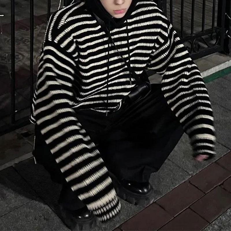 

Casual Korean Striped Hooded Sweaters Autumn Winter Contrasting Colors Men s Clothing Stylish Drawstring Loose Knitted Pullovers L чорний