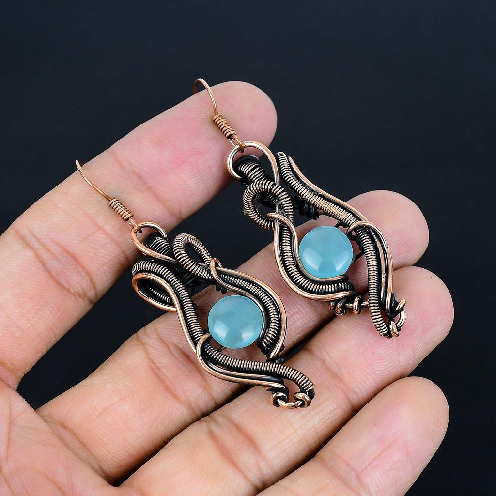 Blue Chalcedony 999 Copper Wire Wrapped Earrings, Handmade Gemstone Earrings Jewelry, Gifts For Wife Brand New Earrings