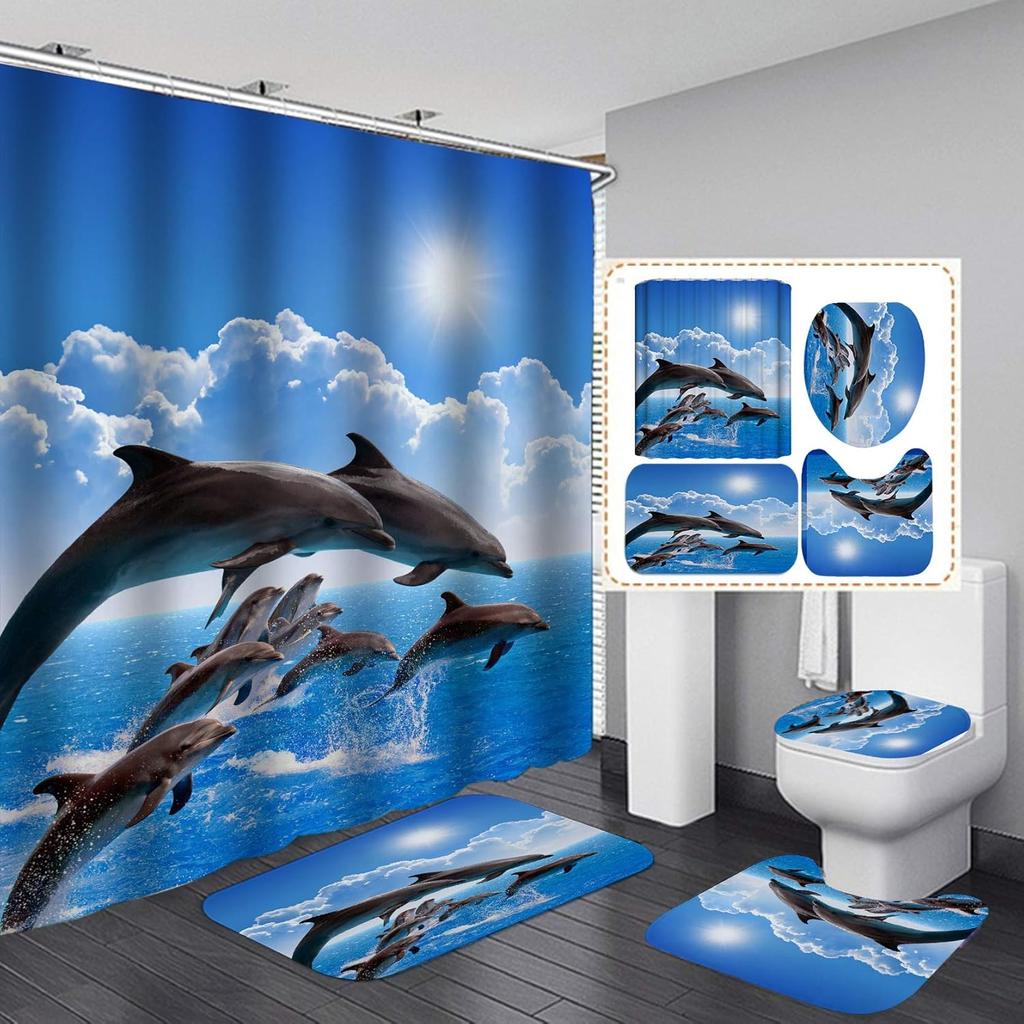 Dolphin Bathroom Decor Waterproof Shower Curtain Set Toilet Seat Cover Non-Slip Bath Mat Rug Carpet Polyester Fabric Washable