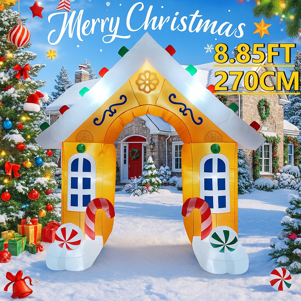 

8.85FT Christmas Inflatable Toys LED Lit Gingerbread House Arch Supplies Home Decor Ornament Festive Gift Xmas Yard Decoration EU